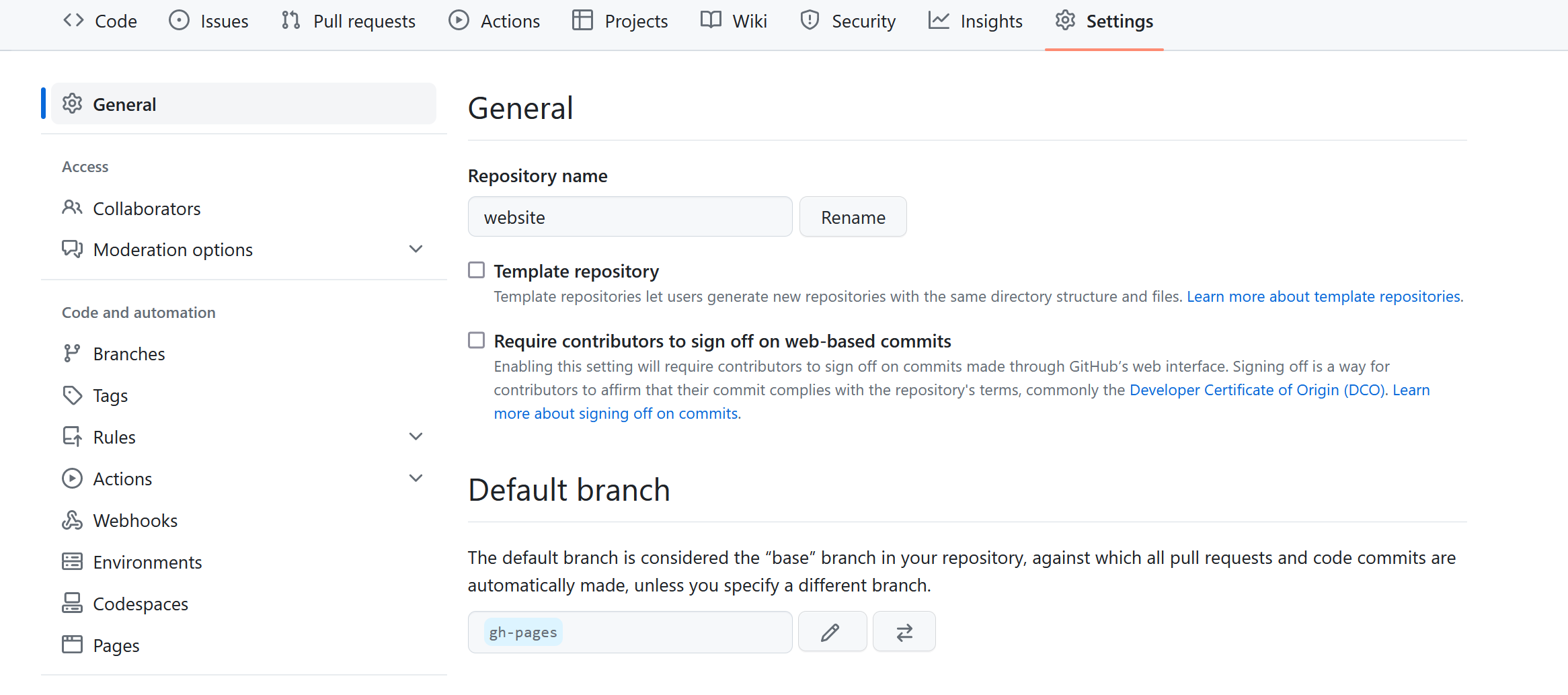 Settings page