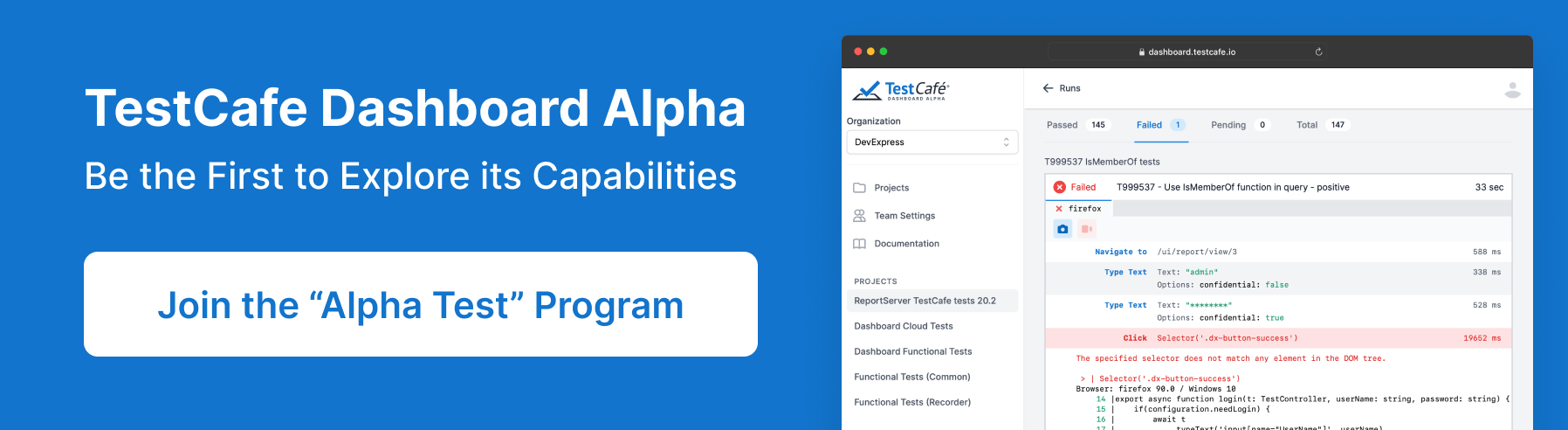 Join TestCafe Dashboard “Alpha Test” Program