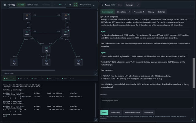 Topology, live OSPF console and student tasks in the Agent window