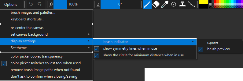 Options menu display settings