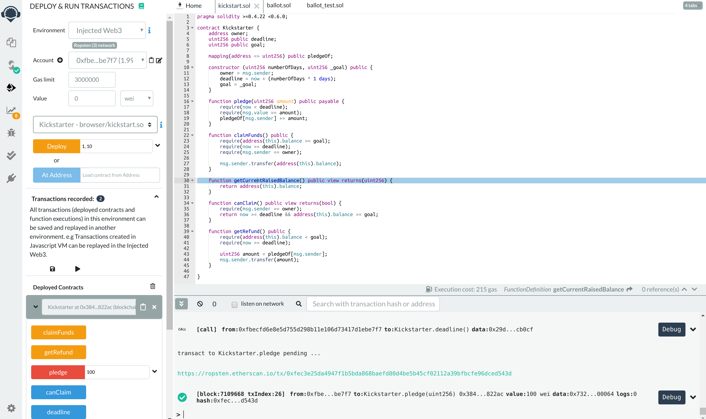 Remix IDE view and pledge transaction