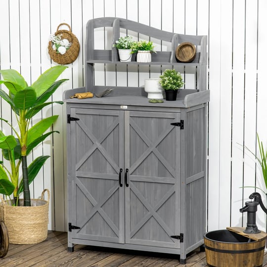 outsunny-outdoor-storage-cabinet-potting-table-gardening-bench-grey-gray-1