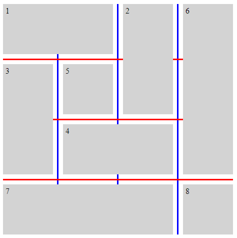 Gap decoration example in CSS Grid with decorations crossing under spanning items