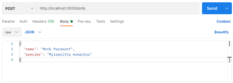 birds post request with postman
