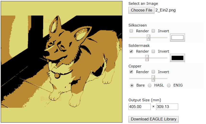 Drawing of a Pembroke Welsh Corgi processed through a threshold function and presented in orange and black