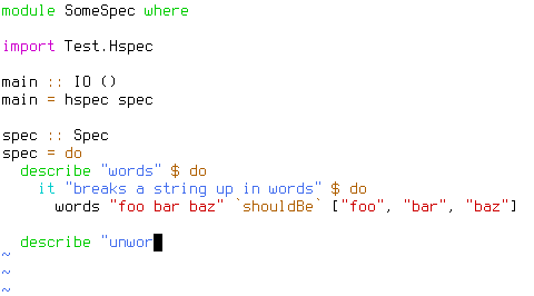 screenshot of vim with hspec.vim