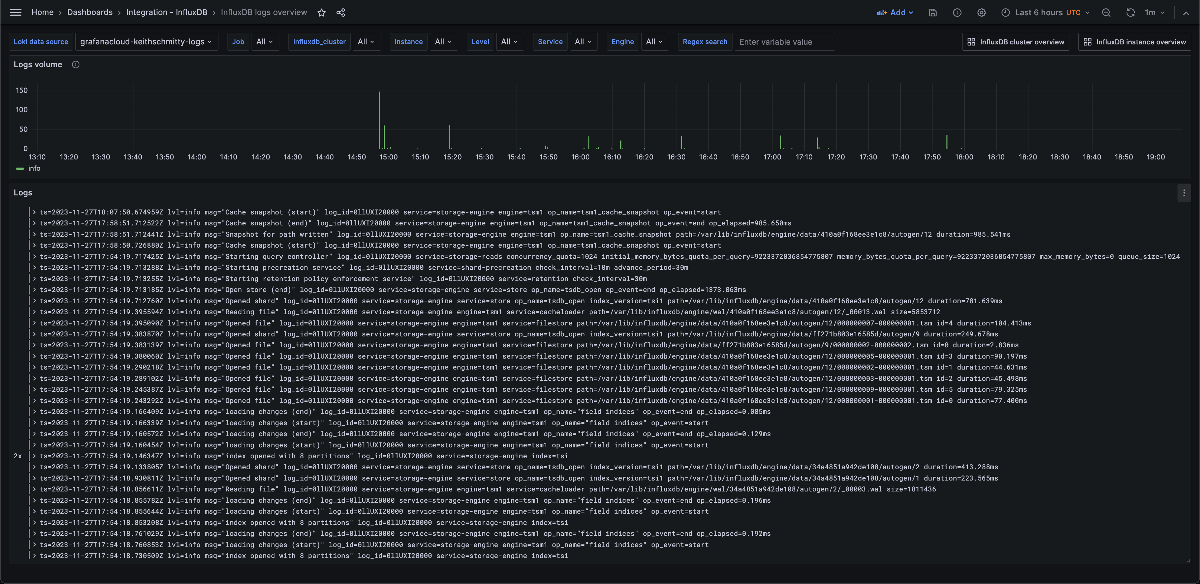 Screenshot of the InfluxDB logs dashboard