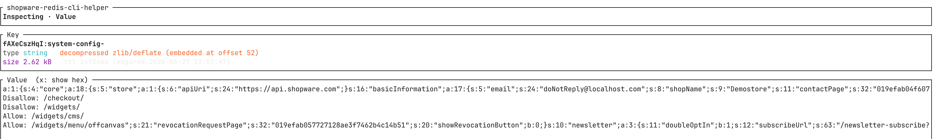 Value inspector showing a decompressed Shopware system-config key