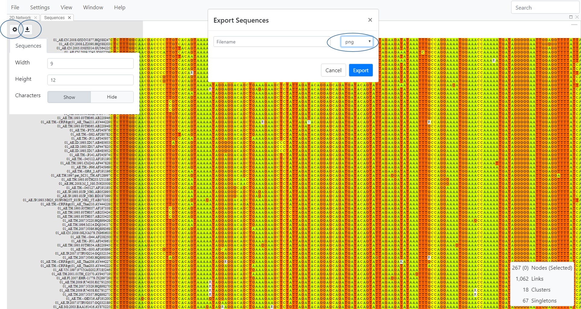 Sequence view- shows alignment as well as options for settings changes