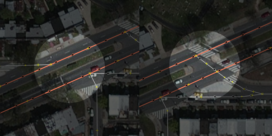  muestra 2 ejemplos de conexion de caminos  que llevan a un camino de carro: una que conecta a los dos carriles, uno a solo una linea