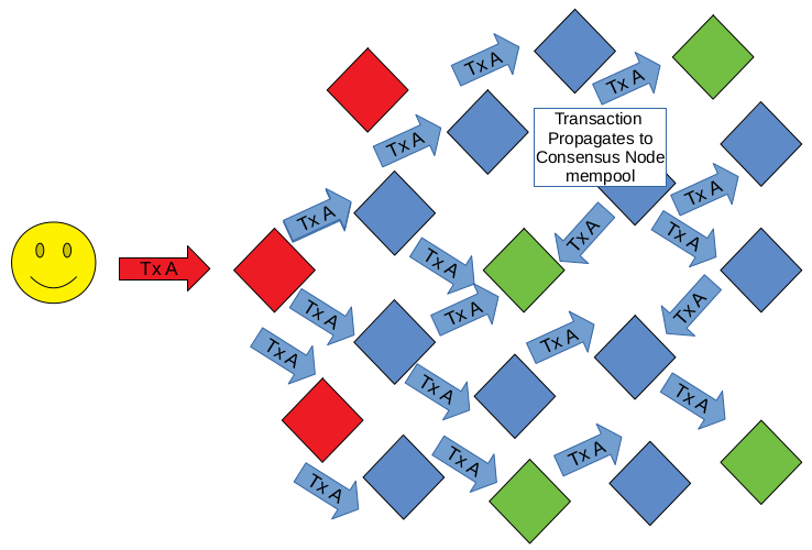 Transaction is retransmitted until it reaches the Consensus Nodes (green)