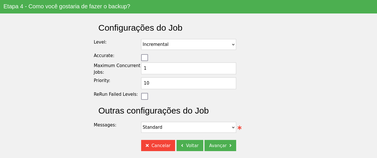 Outras configurações do job