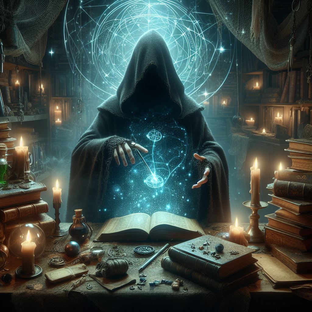 dark mage with a grimoire summoning spells