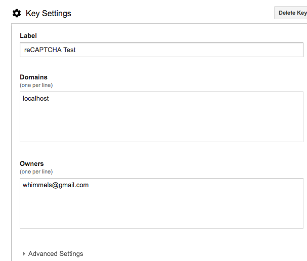 reCAPTCHA key setup: