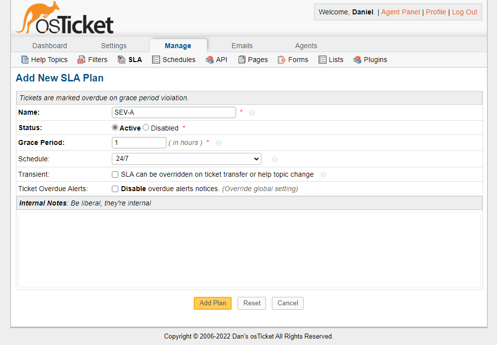Service Level Agreement in osTicket