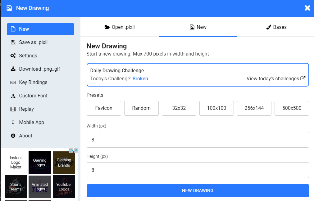 New drawing screen of Pixilart