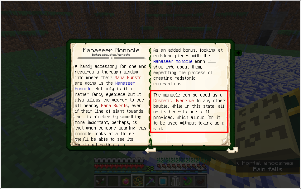 "The monocle can be used as a Cosmetic Override to any other bauble. While in this state, all of its benefits are still provided, which allows for it to be used without taking up a slot."