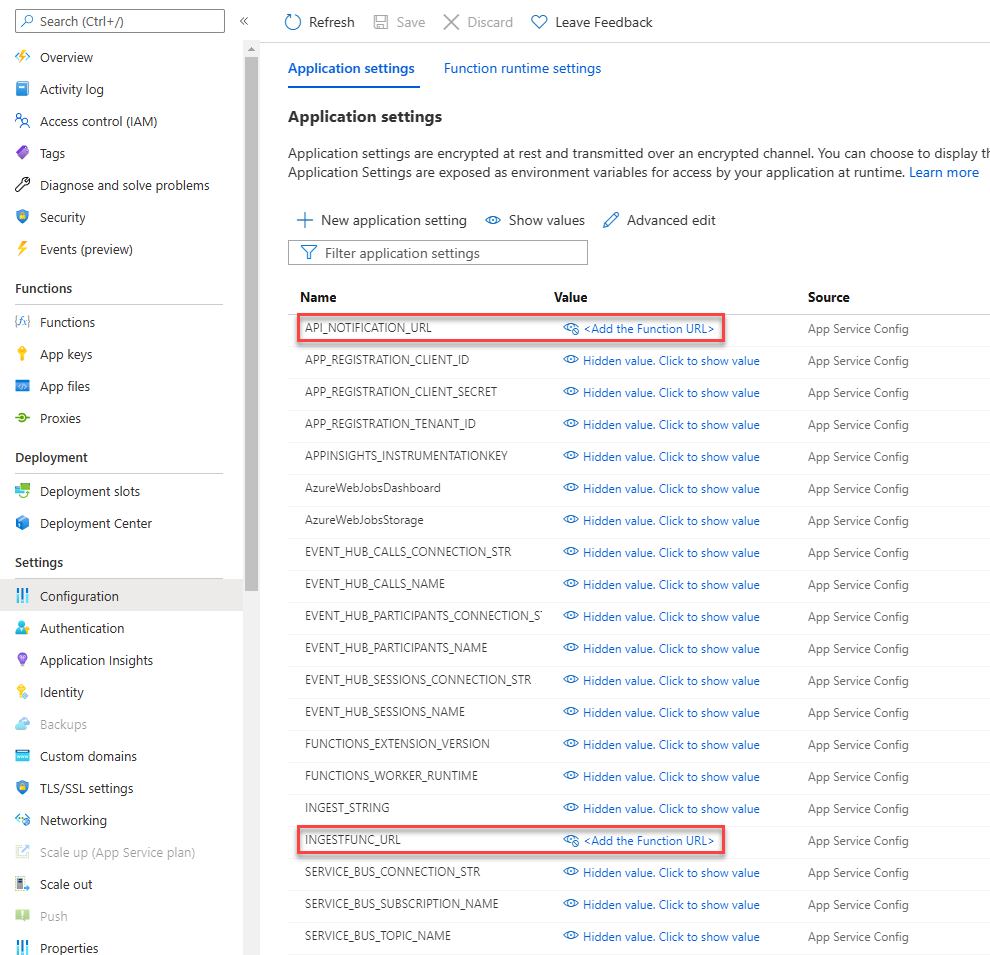 Adjust values in function app config