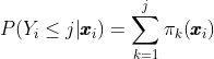 P(Y_i \leq j | \pmb{x}_i) = \sum_{k=1}^j \pi_k(\pmb{x}_i)