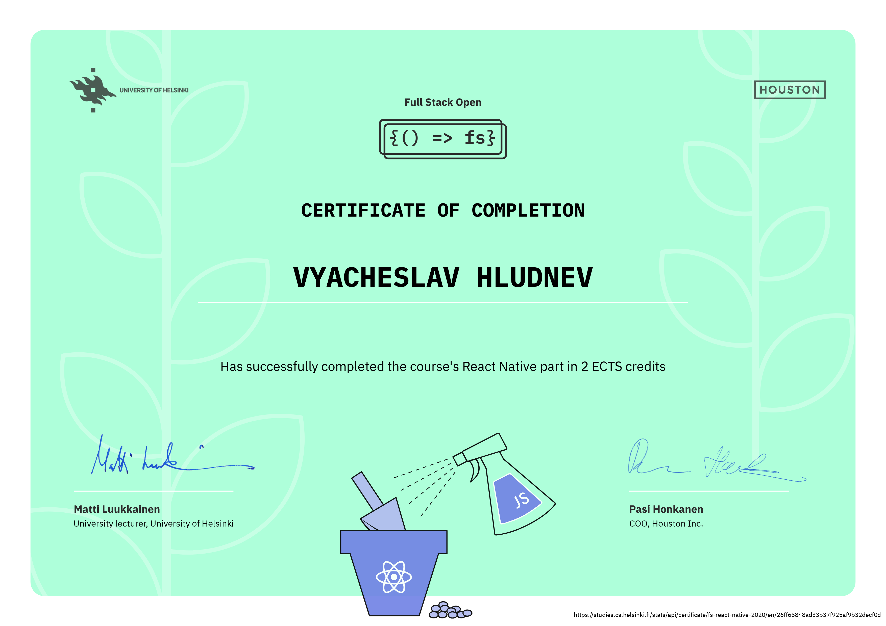 Certificate of Completion, FullStack Open React Native, with 2 credits, code 26ff65848ad33b37f925af9b32decf0d