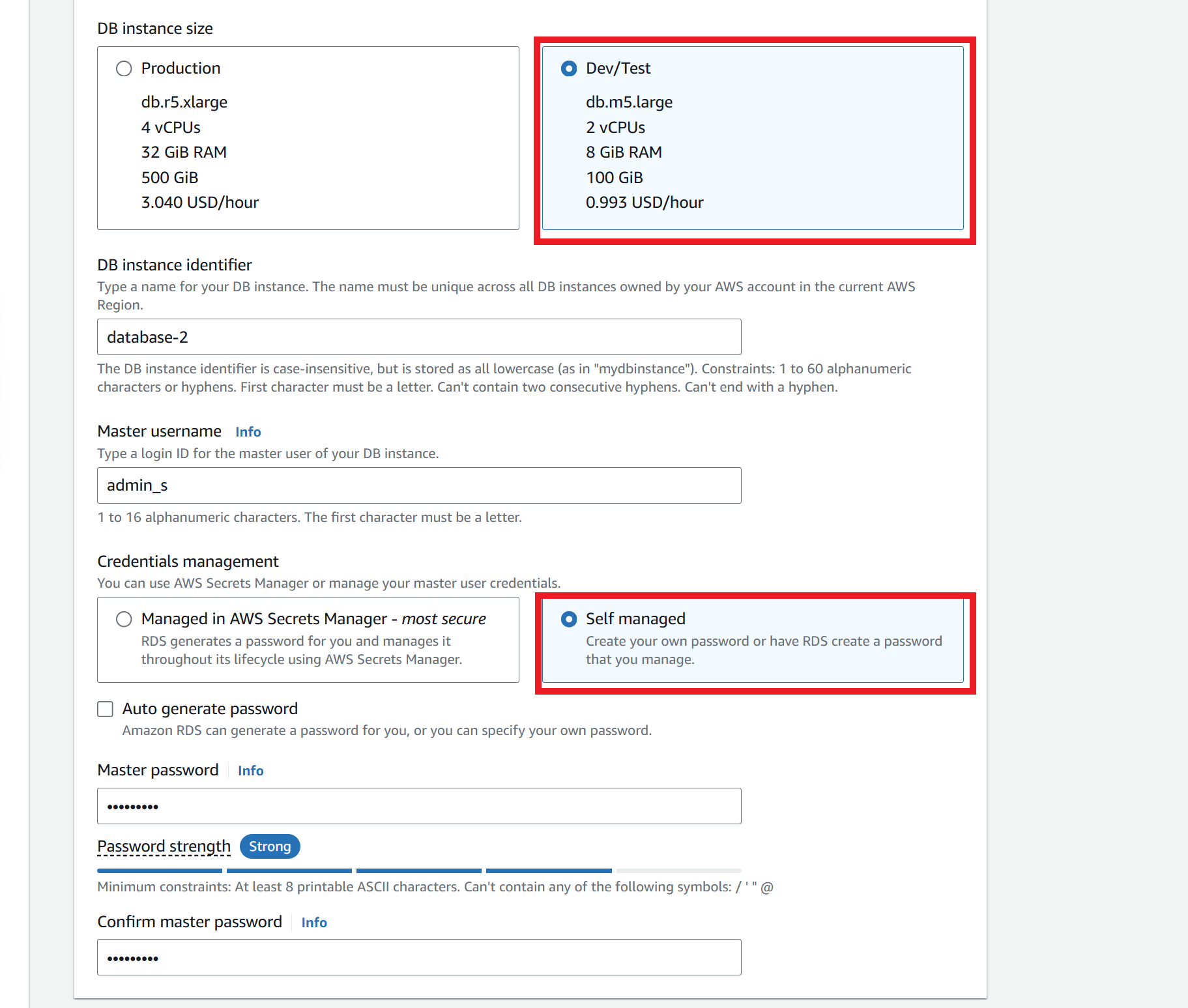 Showing the rest of the options when creating a Database.