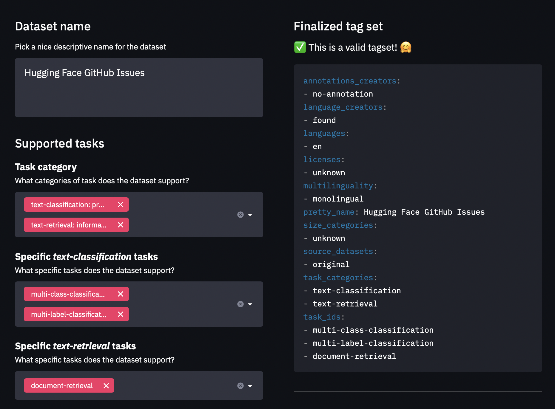 The `datasets-tagging` interface.