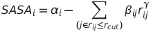 SASA_{i} = \alpha_{i} - \sum_{(j  \in  r_{ij}  \leq  r_{cut})} \beta_{ij} r_{ij}^{\gamma}