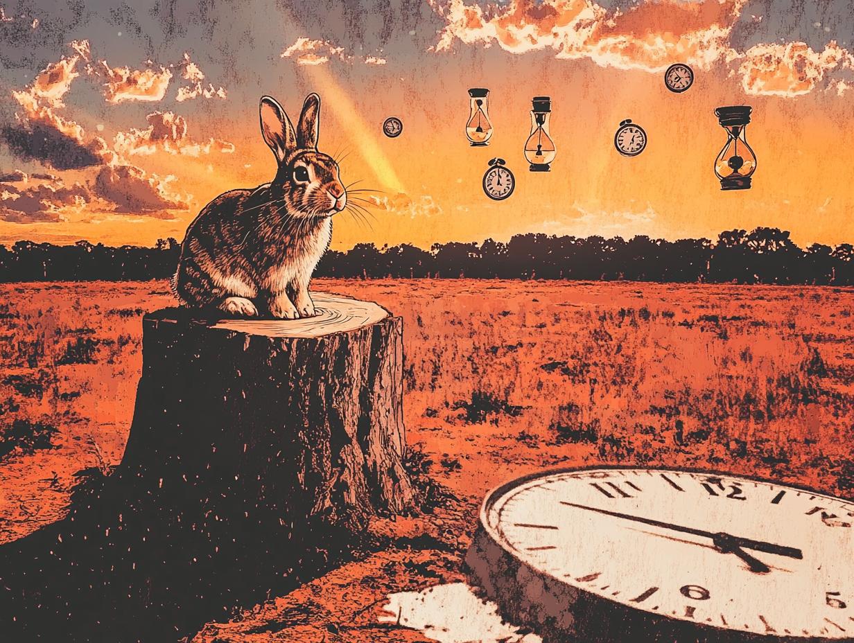 A surreal artistic illustration of a rabbit sitting next to a tree stump, with clocks and hourglasses floating in the background.