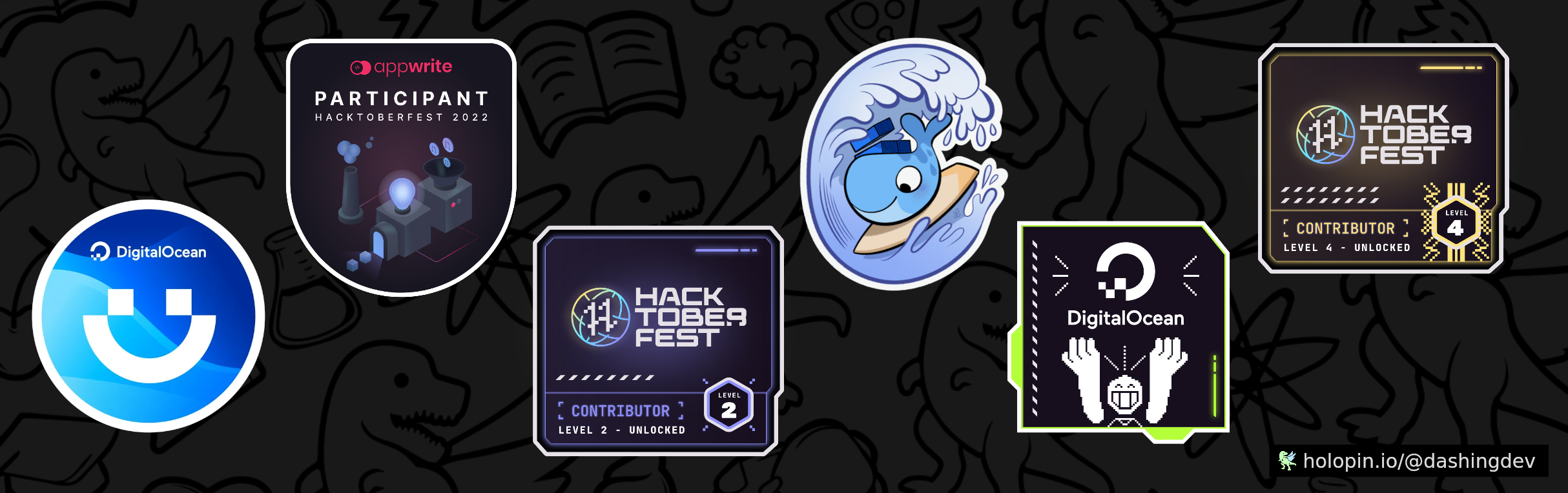 An image of @dashingdev's Holopin badges, which is a link to view their full Holopin profile