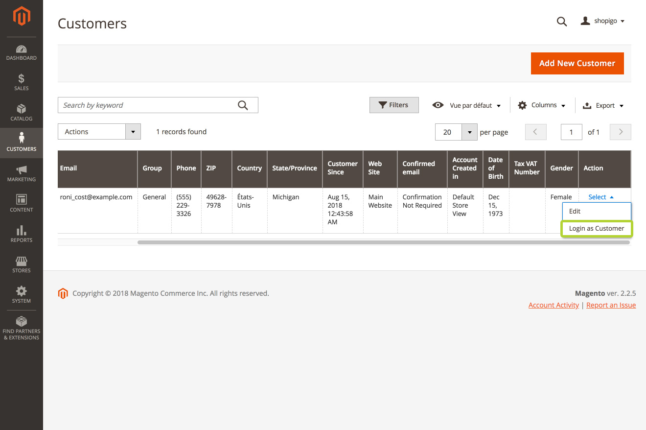 Login as Customer button in the customers grid