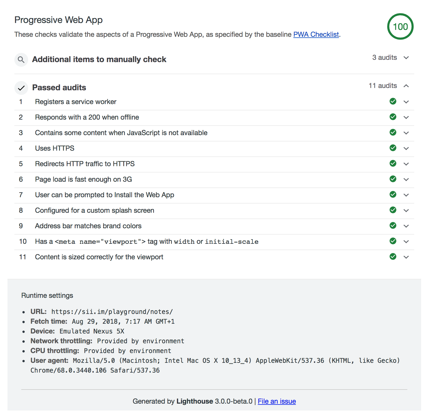 Notes app PWA score