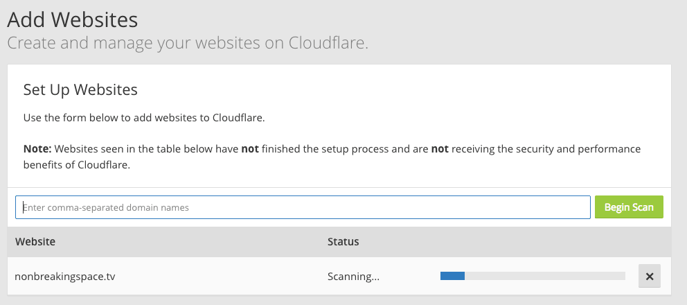 Cloudflare 的“Add Website”设置