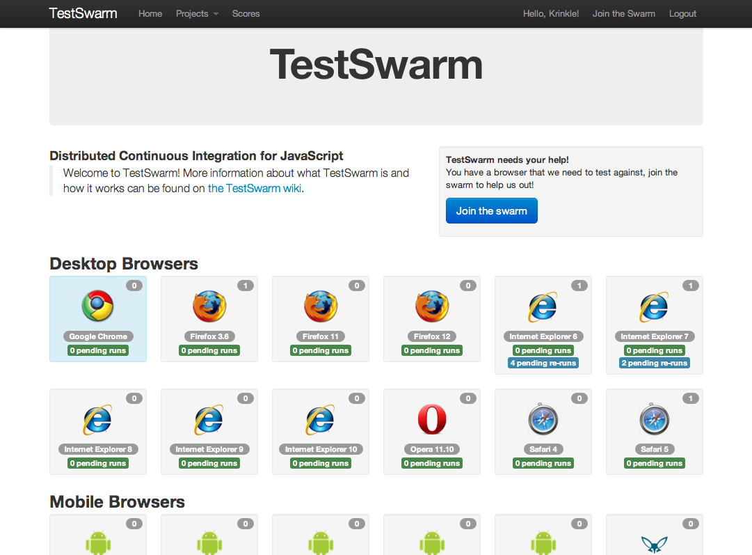 Index page of TestSwarm v1.0.0-alpha