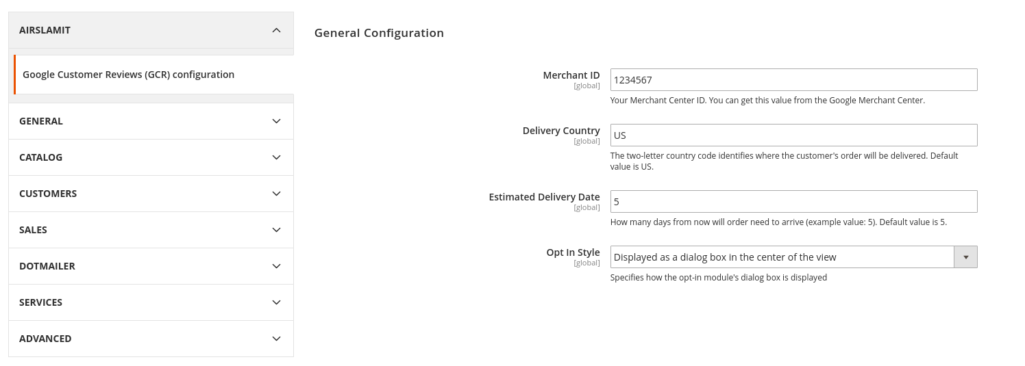 Configuration values screenshot