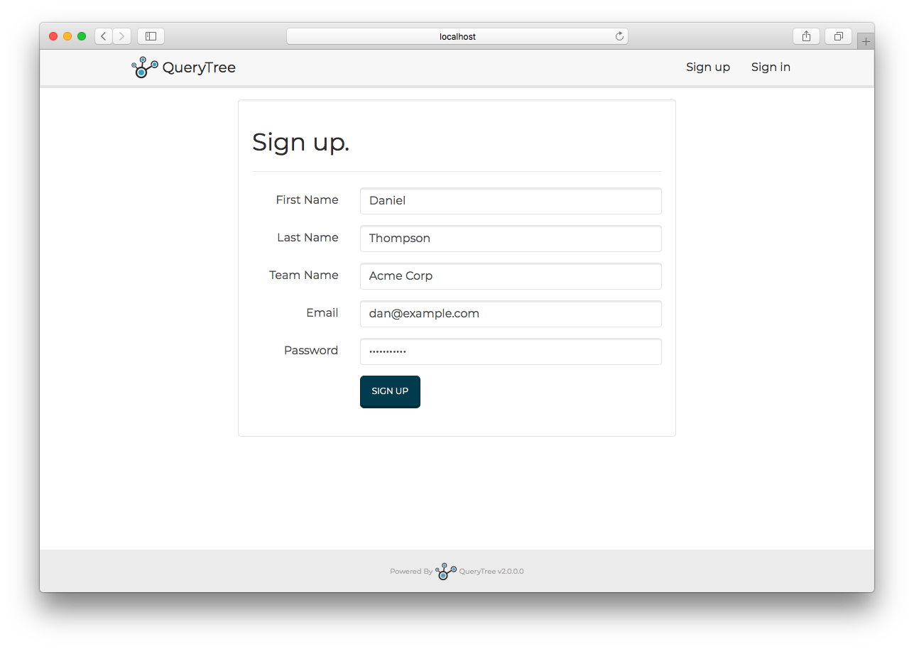 The QueryTree signup page