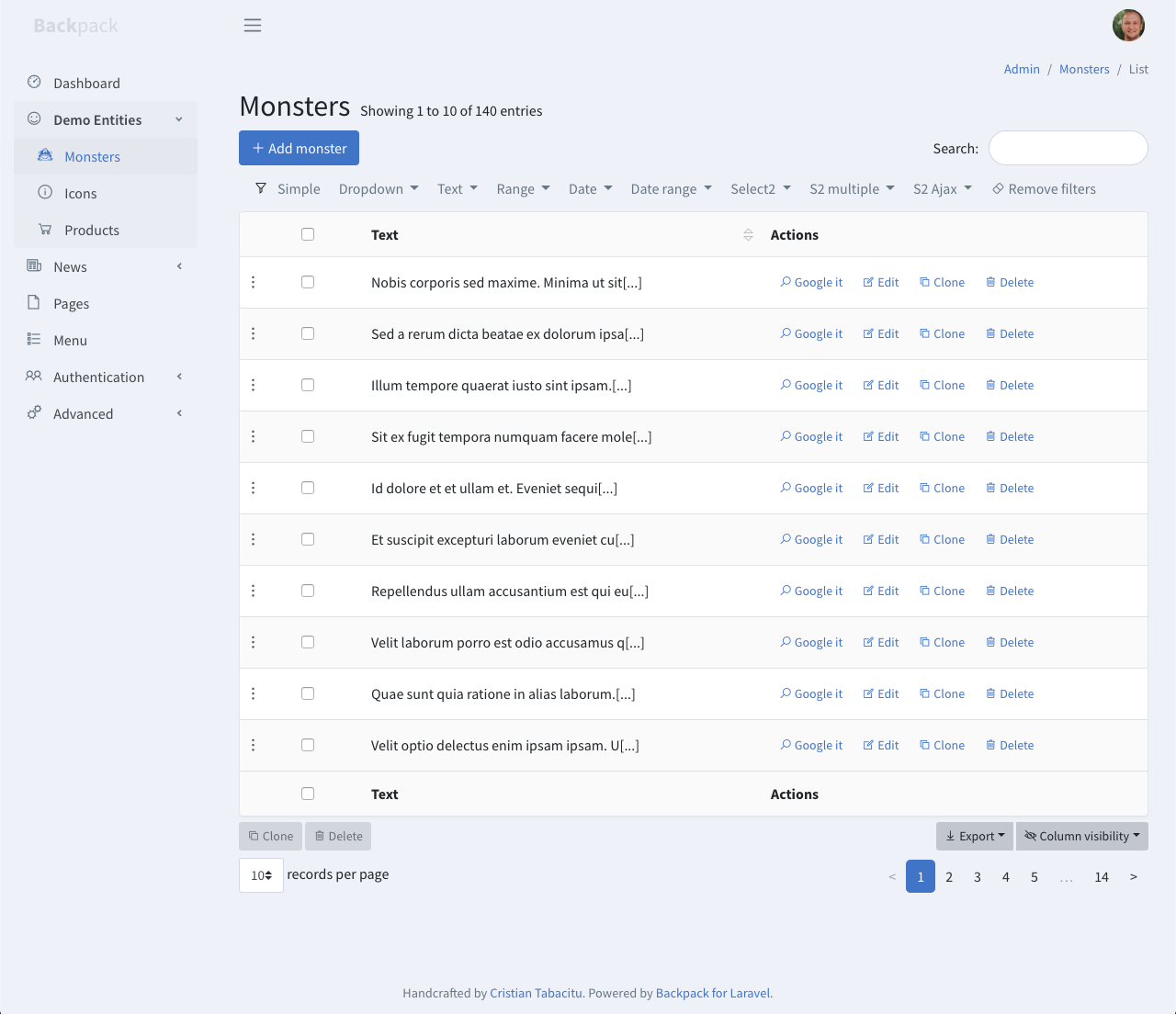 Example generated CRUD interface