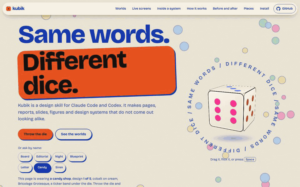 The landing page's hero. A die is thrown twice; each time it lands, the headline, colours, type and background of the page change to a different world: a cinematic night, a strict board page, and back.