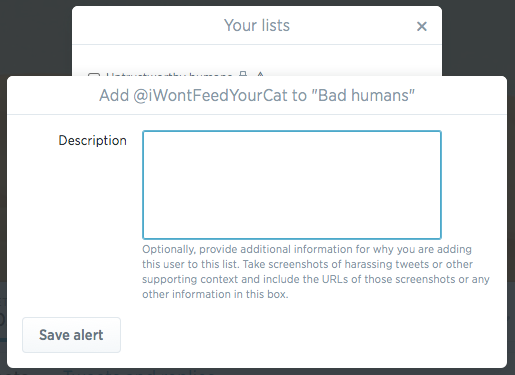 Screenshot of pop-up showing optional alert description dialogue.