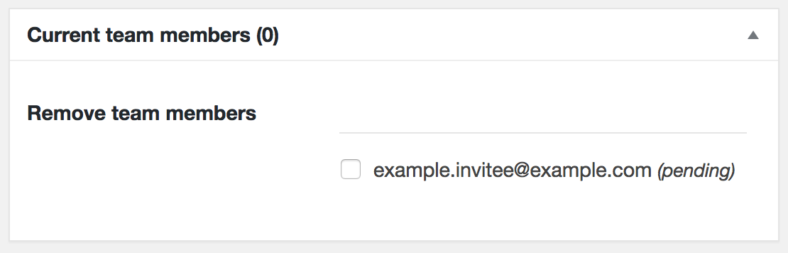 Screenshot of the "Current team members" post metabox with "example.invitee@example.com" in the "pending" state.