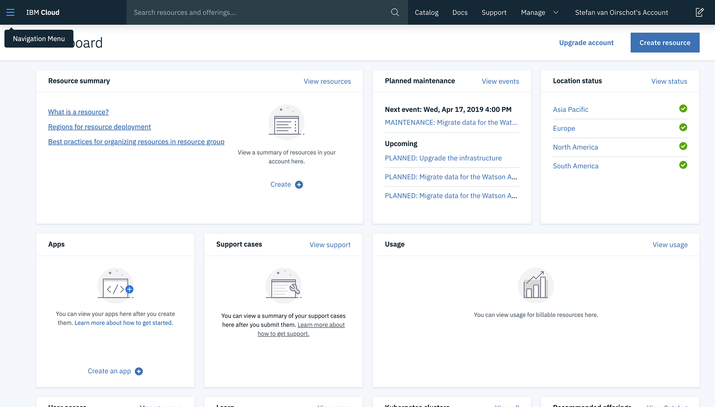 IBM Cloud — Main screen