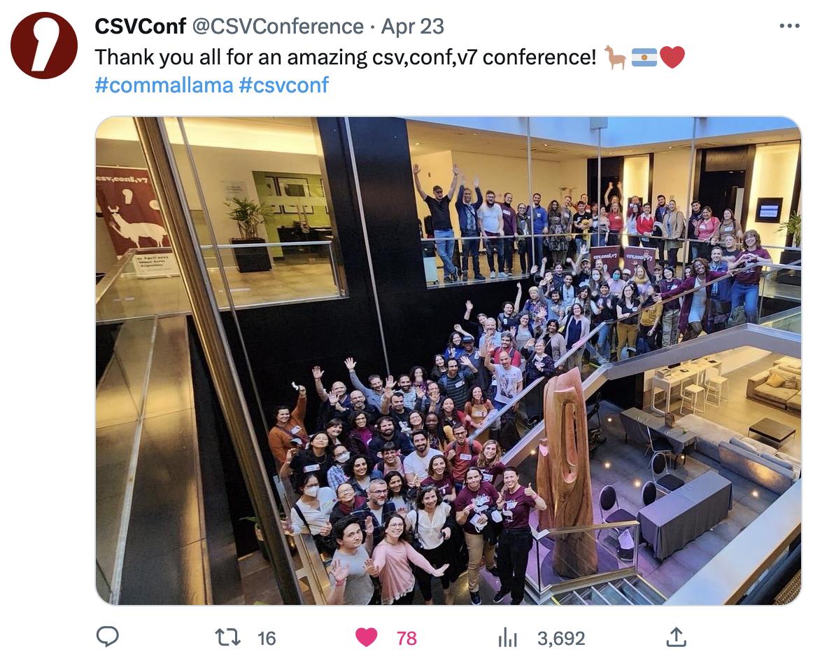 Alt: Tweet by csv, conf saying "Thank you all for an amazing csv,conf,v7 conference!" with a picture of Aerial view of attendees standing on stairecase inside the conference building, and waving at the camera.