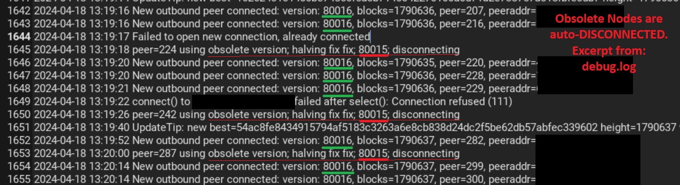 Screenshot of Pulsar Coin debug.log file disconnecting obsolete versions