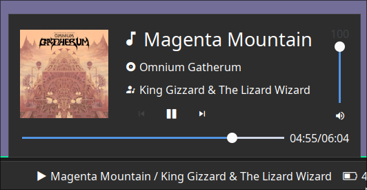 Screenshot showing MPD widget with track playing with popout open
