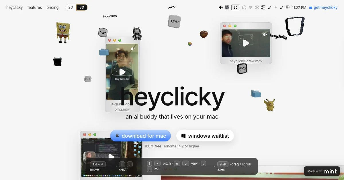 The heyclicky landing page surrounded by floating 3D character, tech, and sticker props.