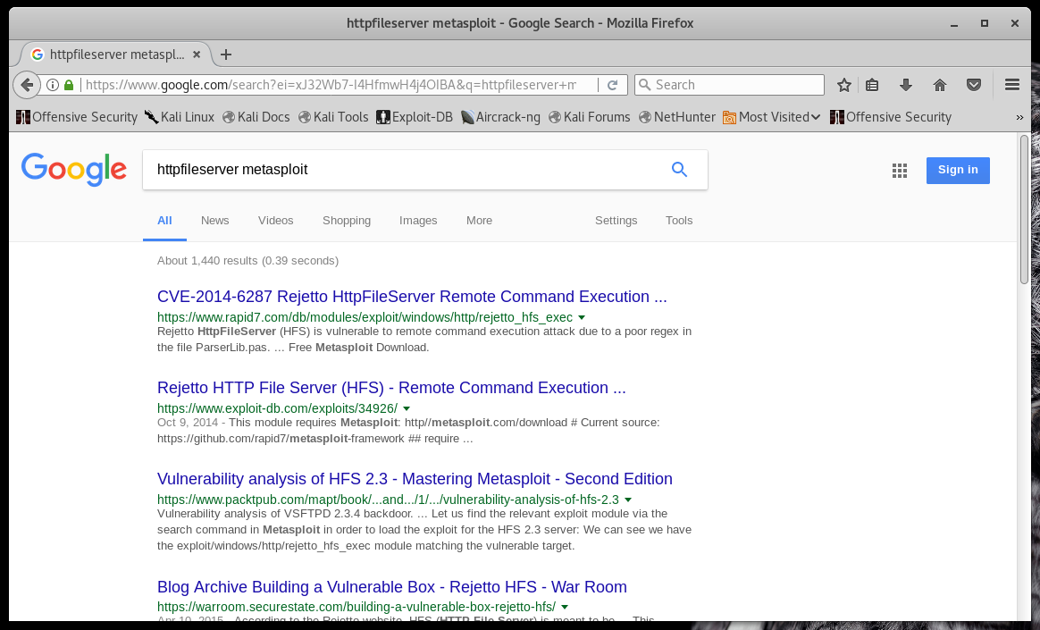 Googling HTTPFileServer metasploit