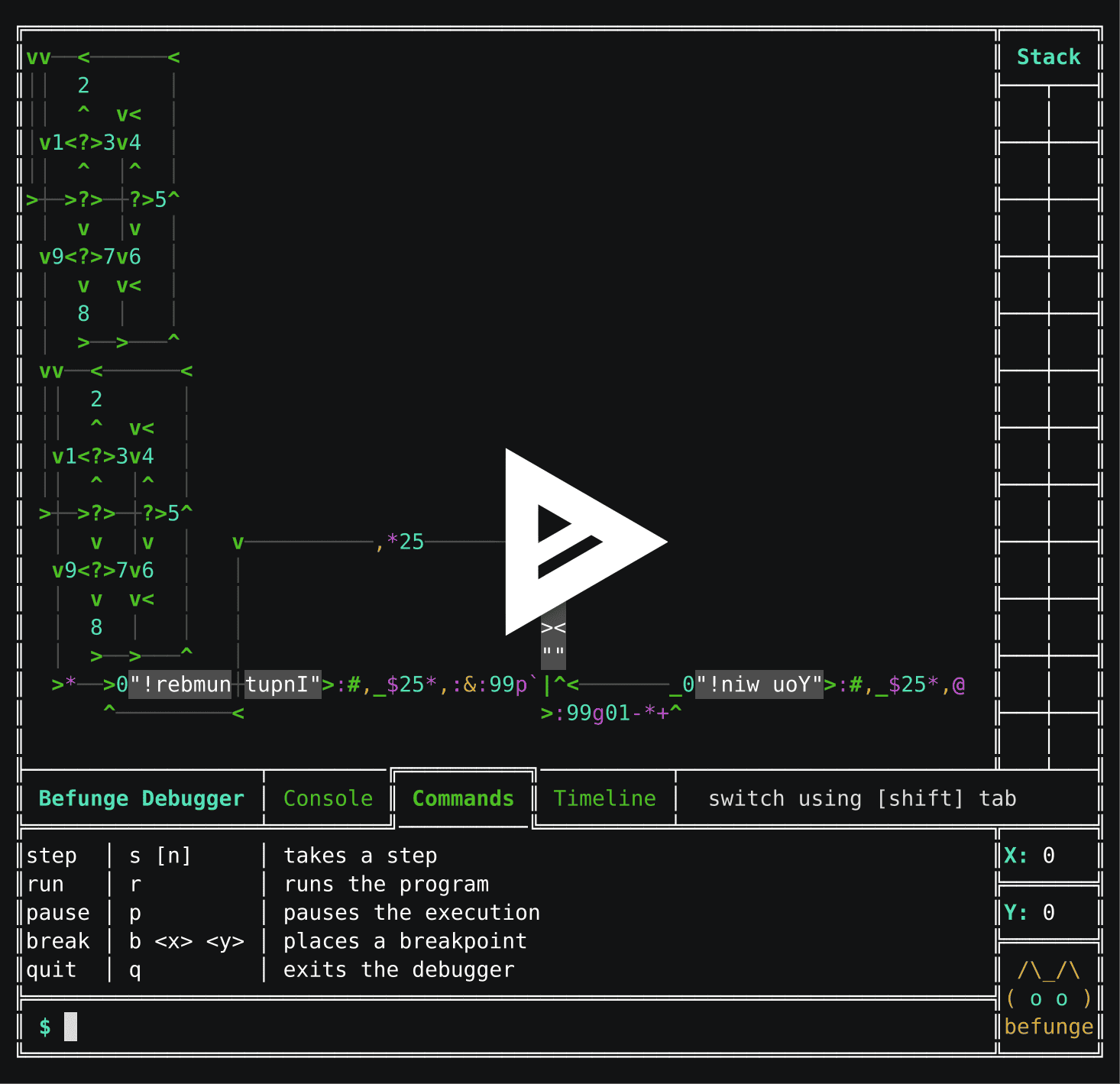A terminal window displaying the Terminal User Interface (TUI) of a debugger for the Befunge esoteric programming language. It is made up of Box Drawing Characters and styled with ANSI color codes. It has a main program area displaying a program for a simple guessing game that picks a random number that you try to guess,, a sidebar with an empty table titled Stack, and a set of tabs at the bottom called Console, Commands, and Timeline.