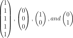 vector notation of a 5d vector containing ones, a 3d vector containing 0s, a 2d vector with 1 in x and a 2d vector with 1 in y