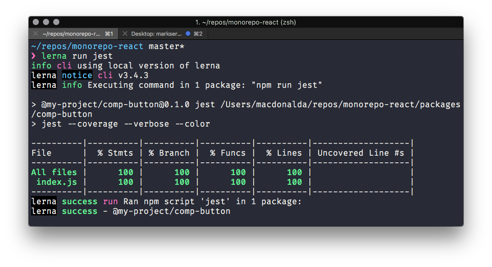 Screenshot of Jest React Test passing with Babel 7