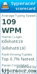 TypeRacer.com scorecard for user killshot619