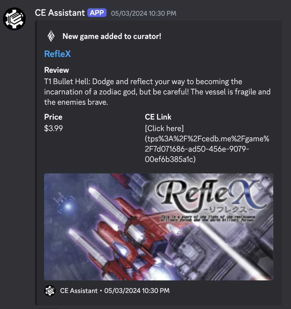 A curator message showing that RefleX has been added to the curator.